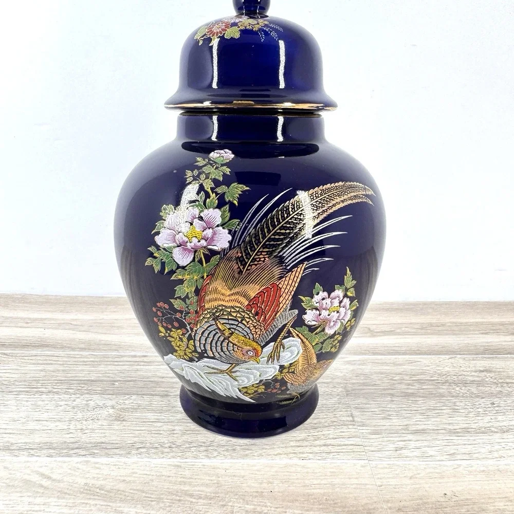 Vintage Japan Cobalt Blue‎ Gold Pheasant Floral Lidded Ginger Jar Urn